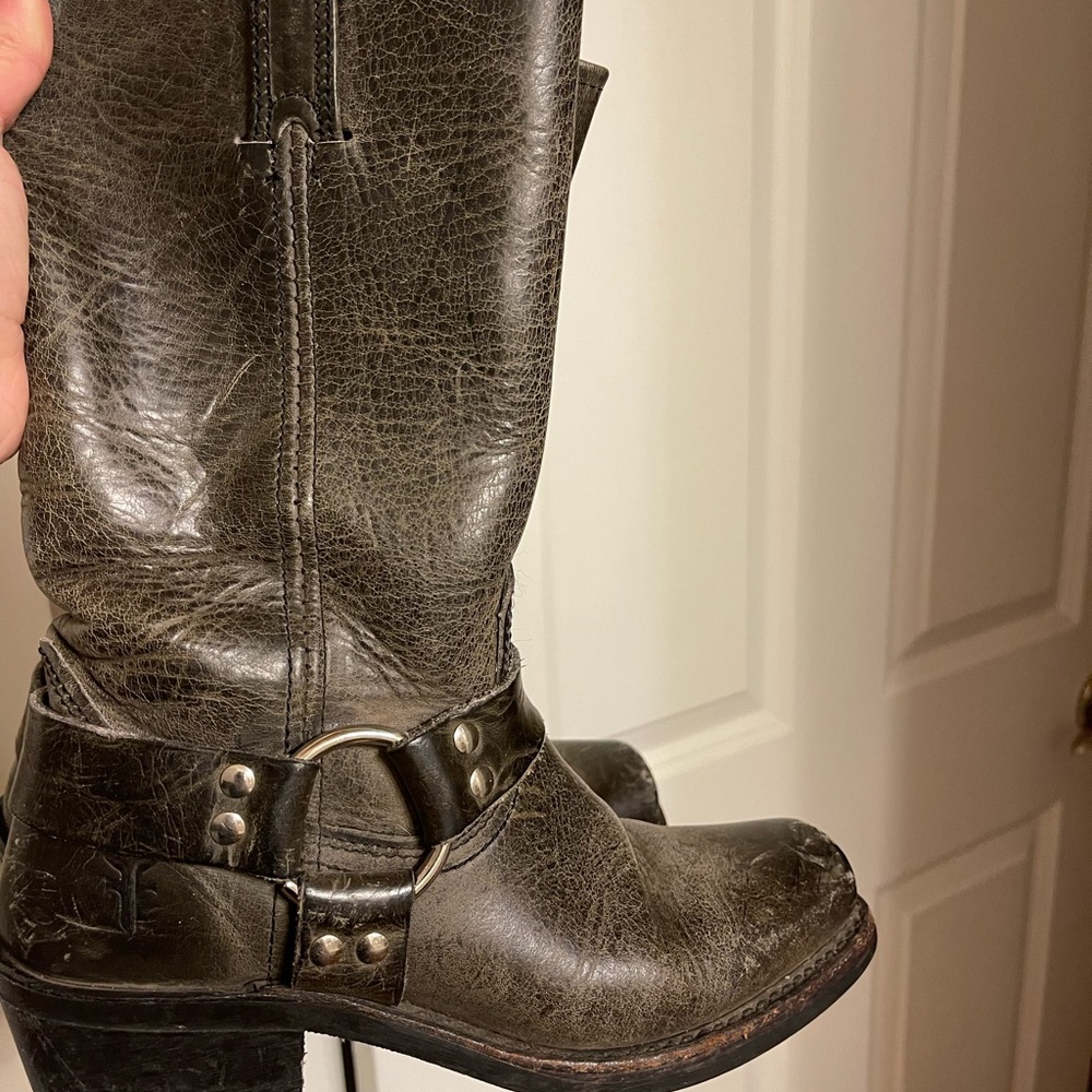 Grey Frye cowboy boots.